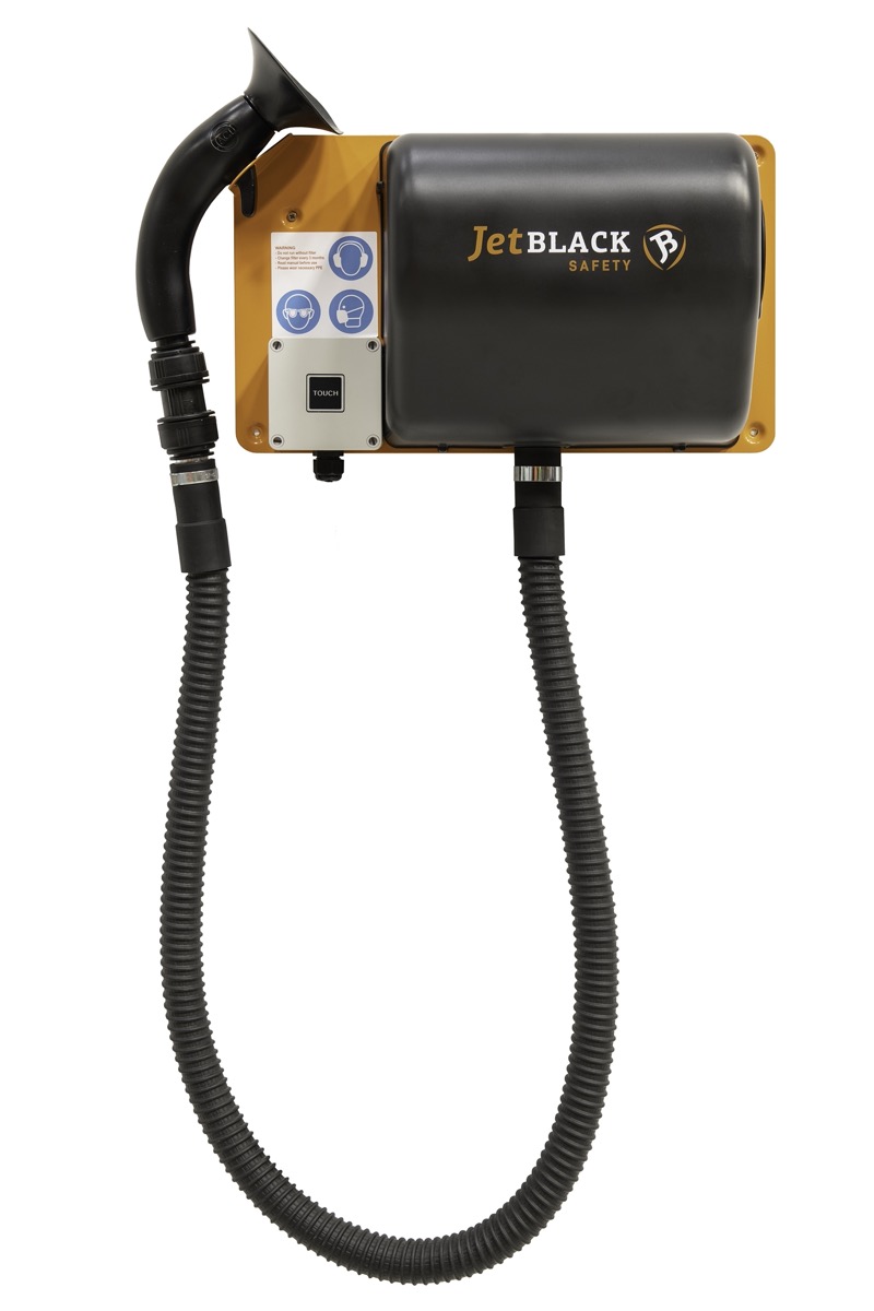 Product shot of the JetBlack Safety wall mounted personnel cleaning station with full hose